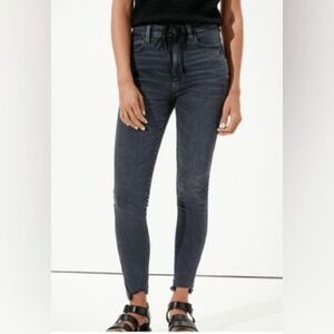American Eagle -51 Black Super‎ Stretch Distressed Hem Mid Rise Denim Jeans 000